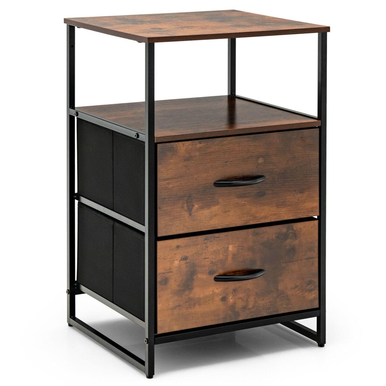 Gymax 2-Drawer Dresser w/ Shelves Fabric Dresser Sturdy Steel Frame Wooden Top Rustic